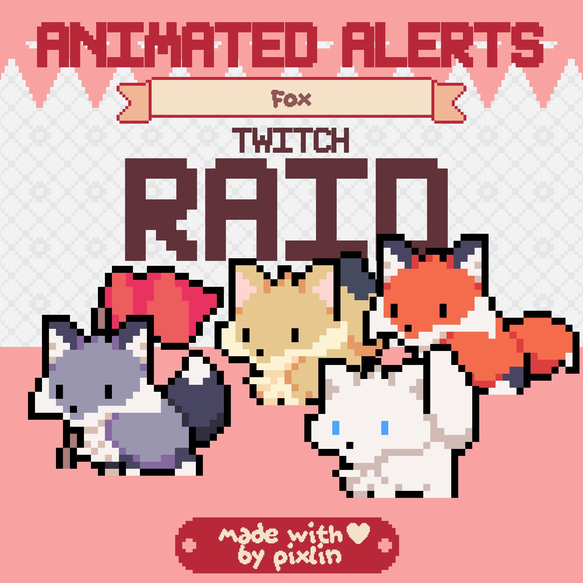 Fox Raid Pixel Alerts Pack | Animated Fox Alerts | Cute Twitch Alerts | Red White Black Silver Fox Stream Alerts | Overlay Bundle | 3 Alerts