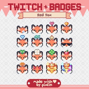 Puede incluir: Un conjunto de 16 insignias de chat de Twitch que presentan un zorro rojo con diferentes accesorios. Las insignias son pixeladas y tienen un estilo de dibujos animados. El texto "Red Fox" está en la parte superior de la imagen. El texto "Made with ♥ by Pixlin" está en la parte inferior de la imagen.