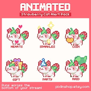 Strawberry Cat Stream Alert Pack | Animated Alerts | Cute Cat Twitch Alerts | Pixel Cat Stream Alerts | Cozy Pixel Overlay Bundle | 8 Alerts