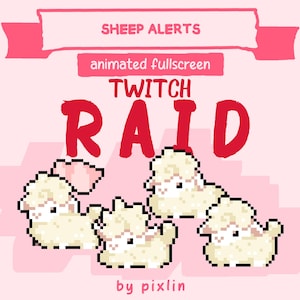 Può includere: Una sovrapposizione animata di Twitch rosa con il testo "SHEEP ALERTS" e "TWITCH RAID" in rosso. L'immagine presenta personaggi di pecore pixelati. Sono presenti anche le parole "animated fullscreen". Il nome dell'artista, "by pixlin", è in basso.