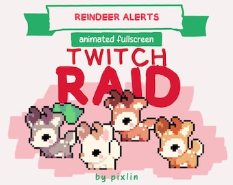 May include: An animated Twitch overlay with the text "REINDEER ALERTS" and "TWITCH RAID" in red. Four pixelated reindeer characters in various colors are featured below the text, with the words "animated fullscreen" in green.