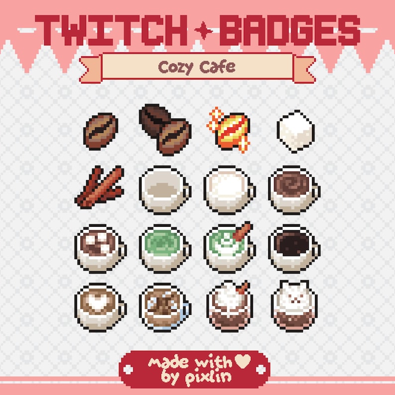 Mysigt café Pixel Twitch Sub Bit-märkesset | Färdiga Stream-märken för kaffebönor | Söta Sub-märken för mjölk, te och kaffe, matcha | 16 märken bild 1