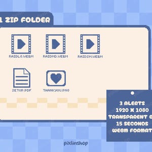 Pode incluir: Uma imagem de pasta digital com o texto "1 ZIP FOLDER". Cont&eacute;m arquivos de v&iacute;deo, um arquivo de configura&ccedil;&atilde;o PDF e um arquivo PNG de agradecimento. Detalhes adicionais incluem "3 ALERTS", "1920 X 1080", "TRANSPARENT BG", "15 SECONDS" e "WEBM FORMAT".