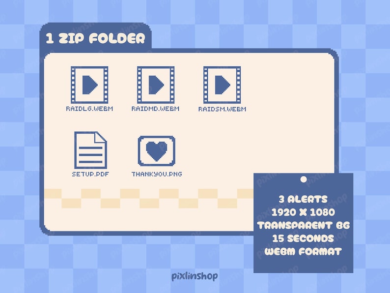 Pode incluir: Uma imagem de pasta digital com o texto "1 ZIP FOLDER". Cont&eacute;m arquivos de v&iacute;deo, um arquivo de configura&ccedil;&atilde;o PDF e um arquivo PNG de agradecimento. Detalhes adicionais incluem "3 ALERTS", "1920 X 1080", "TRANSPARENT BG", "15 SECONDS" e "WEBM FORMAT".