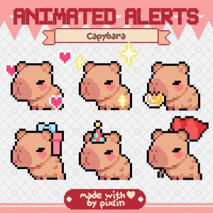 May include: Animated pixel art capybara emojis in various poses, including holding a heart, a gift, a party hat, and a banner. The text "Capybara" and "Made with ♥ by Pixlin" are also included.