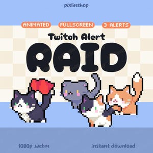 Può includere: Grafica pixel art per avvisi Twitch, con la parola "RAID" in grassetto e tre gatti pixel animati. L'immagine include il testo "Animated", "Fullscreen", "3 Alerts", "1080p.webm" e "instant download".