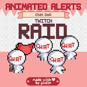 Paquete de alertas de incursión de Twitch de Chat Doll / Paquete de adorables chibi animados de píxeles / Recursos de superposición de transmisión de mascotas decorativas / 3 alertas