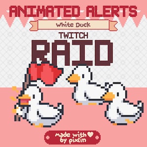 May include: Animated alert for Twitch raids featuring a white duck holding a red flag. The text "White Duck Twitch Raid" is displayed in red and white pixel art. The image is made with Pixiln.