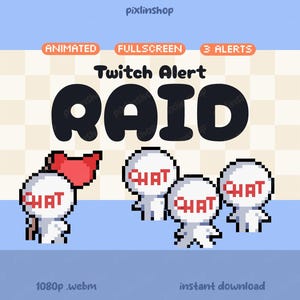 May include: A digital graphic for Twitch alerts, featuring the word "RAID" in bold black letters. Pixelated figures with "CHAT" on their heads are present. The image includes text that says "ANIMATED", "FULLSCREEN", and "3 ALERTS".