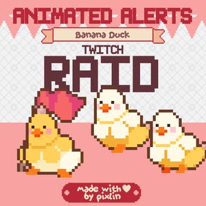 Paquete de alertas de píxeles de Banana Duck Raid / Alertas de pato animadas / Alertas de Twitch graciosas y divertidas / Alerta de transmisión de Bird Goose / Paquete de superposición / 3 alertas