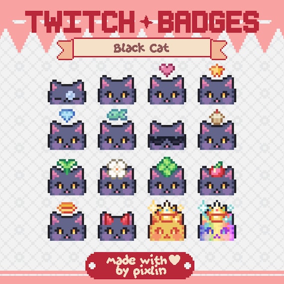 Black Cat Pixel Twitch Stream Sub Bit Badges Set | Cute Kitty Premade Badges | Pixel Art Sub Badges | Black Kitten Twitch Badges | 16 Badges