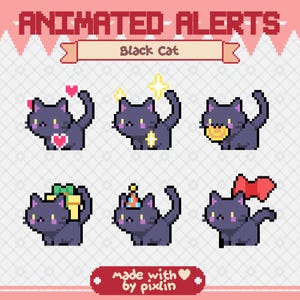 Black Cat Stream Alert Pack | Animated Alerts | Cute Cat Twitch Alerts | Pixel Kitty Stream Alerts | Cozy Pixel Overlay Bundle | 8 Alerts