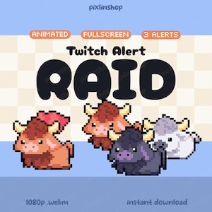 Animowane alerty rajdowe Twitch z krową wyżynną | Zasoby nakładki na transmisję z farmy (3x)