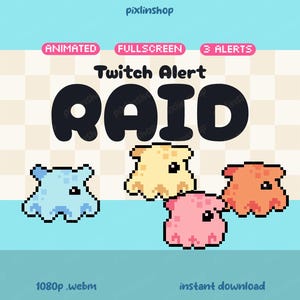 May include: Digital graphic with the words "Twitch Alert RAID" in bold black letters. Below are four pixelated cartoon creatures in blue, yellow, pink, and orange. The image also includes the words "Animated", "Fullscreen", and "3 Alerts".