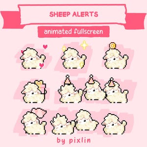 May include: A pink background features pixelated illustrations of sheep with various accessories. The text "SHEEP ALERTS" and "animated fullscreen" are displayed at the top. The bottom of the image reads "by pixlin".