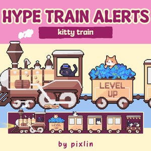Könnte beinhalten: Pixel-Art-Illustration eines Zuges mit Katzen. Der Zug ist braun und beige, mit einer schwarzen Katze in der Lokomotive und anderen Katzen in den Waggons. Der Text "HYPE TRAIN ALERTS" und "kitty train" stehen oben.
