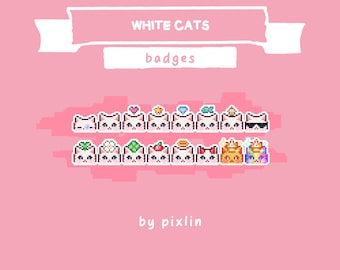 Insignias de subtítulos de gato blanco para Twitch / Insignias prediseñadas de gatito lindo / Insignias de subtítulos de pixel art / Insignias de gatito blanco para Twitch / 16 insignias