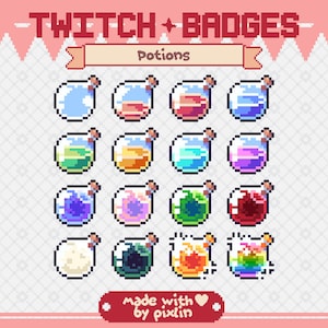 Może przedstawiać: Zestaw 15 odznak czatu Twitch z pikselową grafiką przedstawiającą mikstury w różnych kolorach i wzorach. Odznaki są oznaczone jako "Mikstury" i zawierają miksturę tęczową, miksturę ognia, miksturę zieloną i wiele innych.