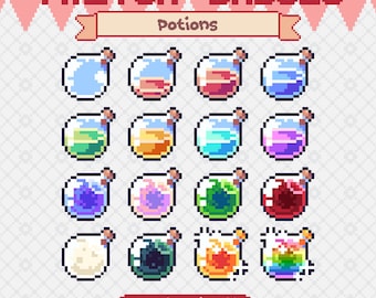 Conjunto de insignias de suscripción a transmisión de Twitch de Potions Pixel / Insignias prefabricadas de fantasía medieval lindas / Insignias de suscripción de brujería / Insignias de Twitch de taberna / 16 insignias