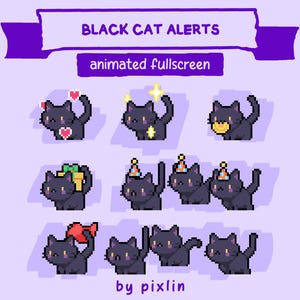 Black Cat Stream Alert-pakket | Geanimeerde meldingen | Twitch-meldingen voor schattige kat | Pixel Kitty-streammeldingen | Bundel met gezellige pixeloverlay | 8 meldingen