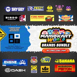 Puede incluir: Una colección de logotipos y gráficos coloridos inspirados en la serie de videojuegos Mario Kart. Incluye logotipos de "Shy Guy", "Fuzzy Batteries", "Fire Flower", "Squid" y "Mario Kart World Brands Bundle". También aparece el texto "Have a nice drive!"