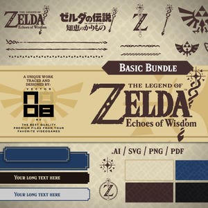Puede incluir: Una descarga digital de gráficos vectoriales para The Legend of Zelda: Echoes of Wisdom. La imagen incluye el logotipo del juego, el título y varios elementos de diseño, incluido un símbolo Triforce, una Z y una espada estilizada. El texto "Basic Bundle" también está incluido. La imagen está en un esquema de color beige y marrón.