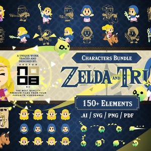 May include: A digital illustration bundle featuring characters from the Zelda and Tri Force video game series. The bundle includes over 150 elements, including characters, objects, and backgrounds. The illustrations are in a cartoon style and are perfect for creating your own video game or other creative projects.