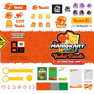 Könnte beinhalten: Eine Sammlung digitaler Grafiken im Yoshi-Design, darunter Logos, Banner und Illustrationen. Das Design zeigt den Text "MARIOKART WORLD Yoshi's Bundle" und "HAVE A NICE DRIVE!" auf orangefarbenem Hintergrund. Die Grafiken sind in .AI, .PNG, .SVG und .PDF verfügbar.
