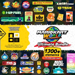 May include: A collection of colorful vector graphics and logos inspired by the Mario Kart video game series. Includes various icons, emblems, and text elements such as "Mario Kart World" and "Ultimate Bundle". The image features a yellow and white background.