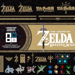 Puede incluir: Una ilustración vectorial en negro y dorado del logotipo de The Legend of Zelda: Breath of the Wild. El logotipo presenta una espada blanca con un mango azul y una estrella blanca. El texto "The Legend of Zelda: Breath of the Wild" está en blanco con un contorno negro. El fondo es un patrón negro y dorado.
