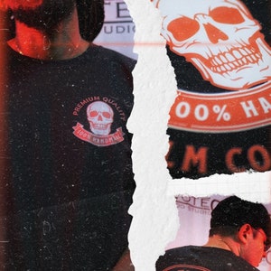 May include: A black t-shirt featuring a red and white skull graphic with the text "Devoted Tattoo Studio Premium Quality 100% Handmade".