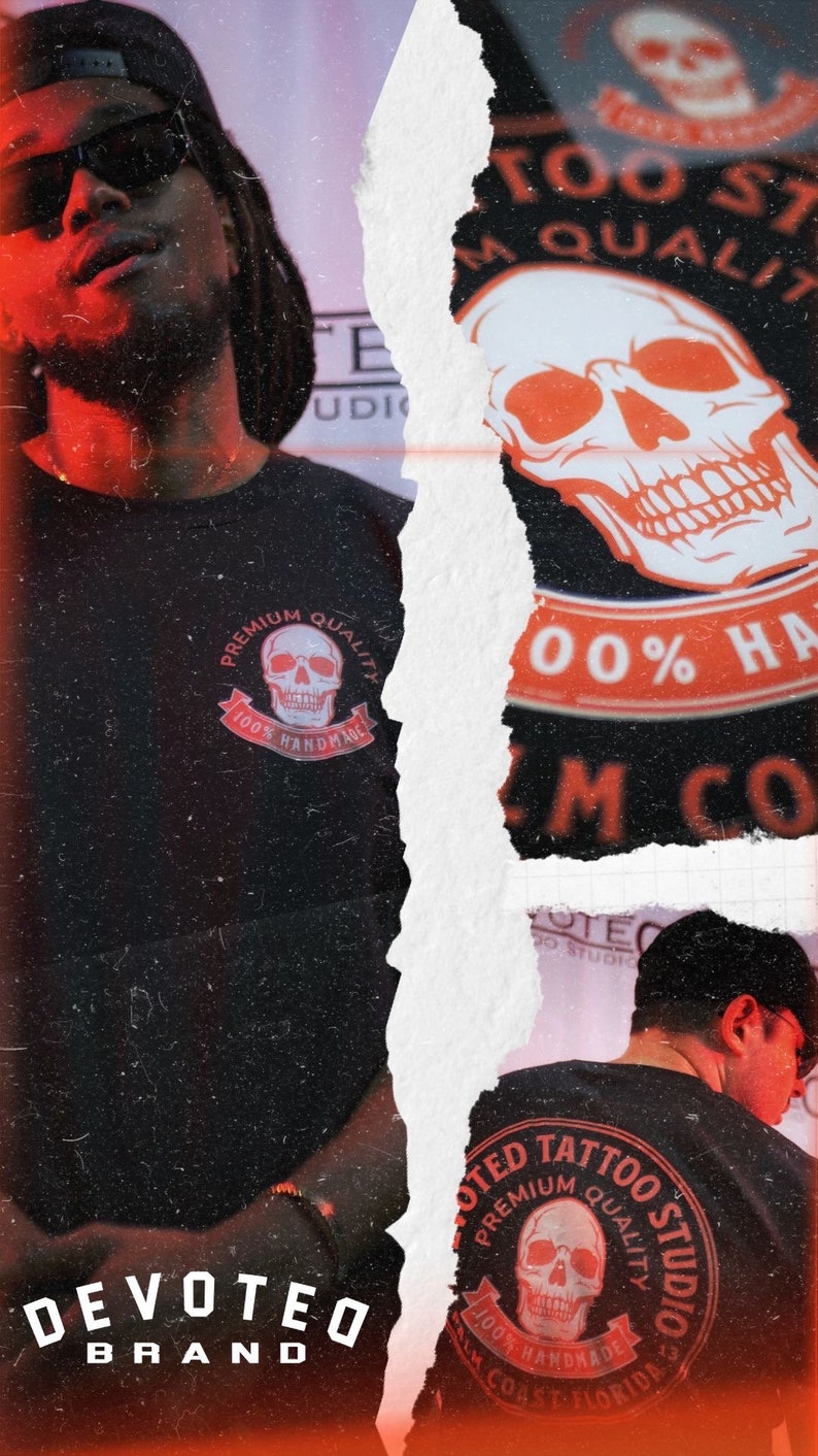May include: A black t-shirt featuring a red and white skull graphic with the text "Devoted Tattoo Studio Premium Quality 100% Handmade".