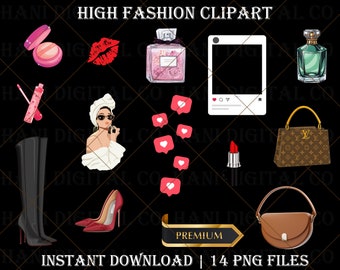 High fashion clipart, fashion clipart, perfume, high heels, bags, png, fashion design bundle, fashion design clipart, fashion items