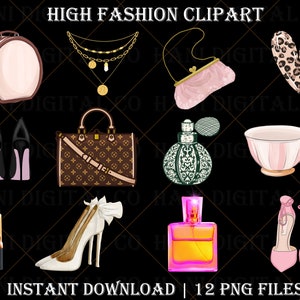 High fashion clipart, fashion clipart, perfume, high heels, bags, png, fashion design bundle, fashion design clipart, fashion items