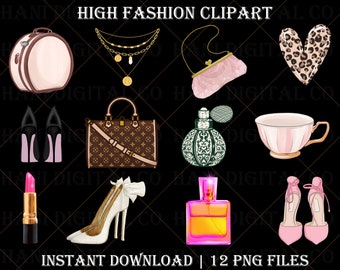 High fashion clipart, fashion clipart, perfume, high heels, bags, png, fashion design bundle, fashion design clipart, fashion items