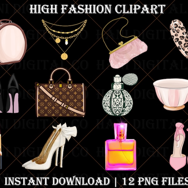 High fashion clipart, fashion clipart, perfume, high heels, bags, png, fashion design bundle, fashion design clipart, fashion items