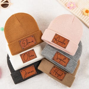 Personalized Baby Beanie: Custom Name Engraved Leather Patch, Knitted Baby Hat