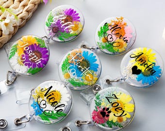 Bobine de badge fleur séchée en résine, nom personnalisé, cadeau infirmière médecin