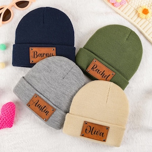 Personalized Baby Beanie: Custom Name Leather Patch Knit Hat