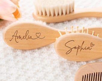 名入れ可能な木製ベビーヘアブラシ、カスタム記念ギフト、ブナ材の櫛セット