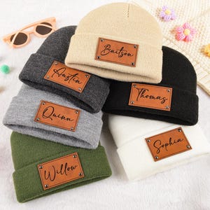 Personalized Baby Beanie: Engraved Leather Patch, Custom Name Knit Hat