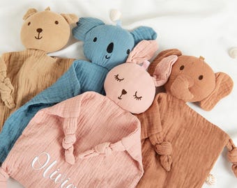Doudou animal brodé, cadeau de naissance personnalisé en coton