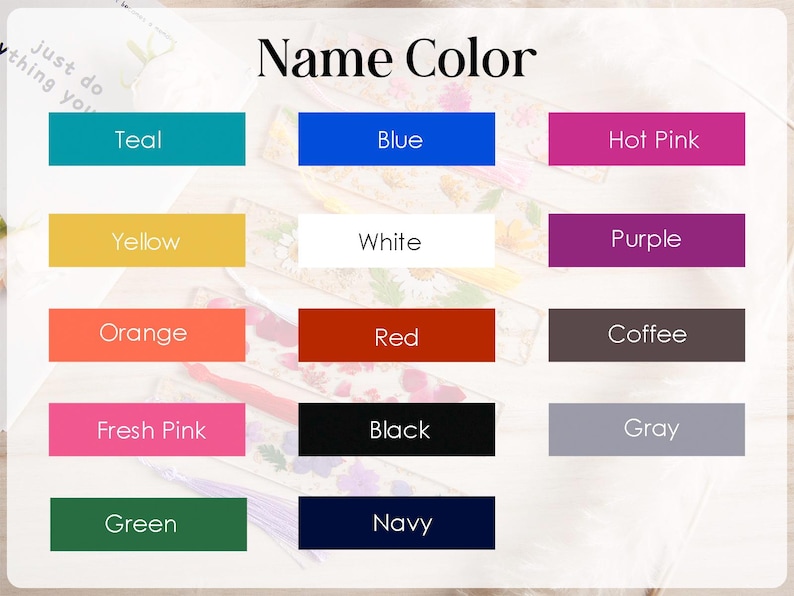 May include: A color chart with the title "Name Color" displays a variety of color swatches. Colors include teal, blue, hot pink, yellow, white, purple, orange, red, coffee, fresh pink, black, gray, green, and navy.