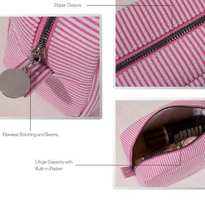 May include: Pink and white striped cosmetic bag with a zipper closure and a silver pull. The bag has a large capacity with a built-in pocket and flawless stitching and seams. The bag is open, revealing cosmetic products inside.