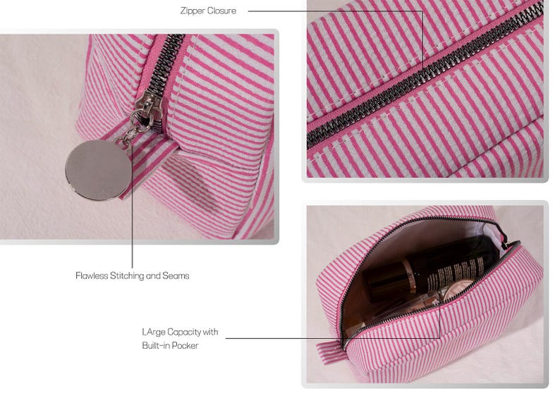 May include: Pink and white striped cosmetic bag with a zipper closure and a silver pull. The bag has a large capacity with a built-in pocket and flawless stitching and seams. The bag is open, revealing cosmetic products inside.