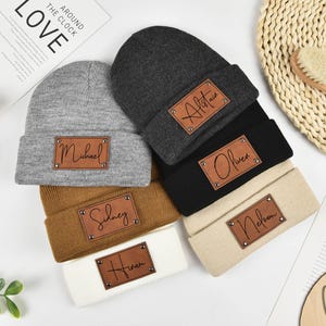 Custom Leather Patch Beanies for Baby, Newborn Baby Beanie with Names, Personalized Engraved Leather Knitted Hat, Baby Shower Gift, Baby Hat