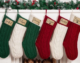 刻印入りレザーパッチ付き、名入れニットクリスマスストッキング