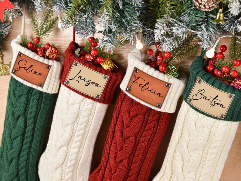 2024 Engraved Leather Patch Stockings, Christmas Stockings With Name