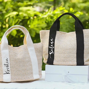 Sacs de paille personnalisés, sac de plage, sacs cadeaux de demoiselle d'honneur, sac fourre-tout en toile de jute, sac de douche nuptiale, baccalauréat, cadeaux de mariage, sac femme, cadeau pour elle