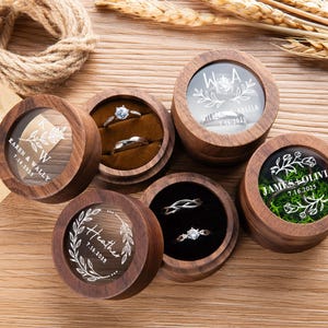 Personalisierte runde Holzringbox für die Hochzeitszeremonie, klare Acrylabdeckung, kundenspezifischer Verlobungsvorschlaghalter, Brautpartygeschenk für sie